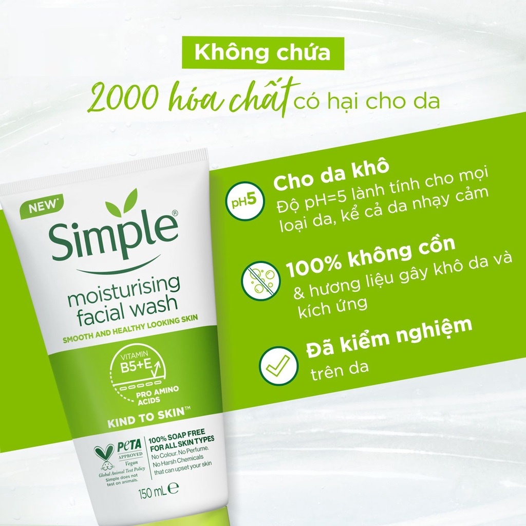 Sữa rửa mặt Simple Moisturising Facial Wash giúp cấp ẩm, da trông khỏe và mịn màng - cho da khô nhạy cảm 150ml