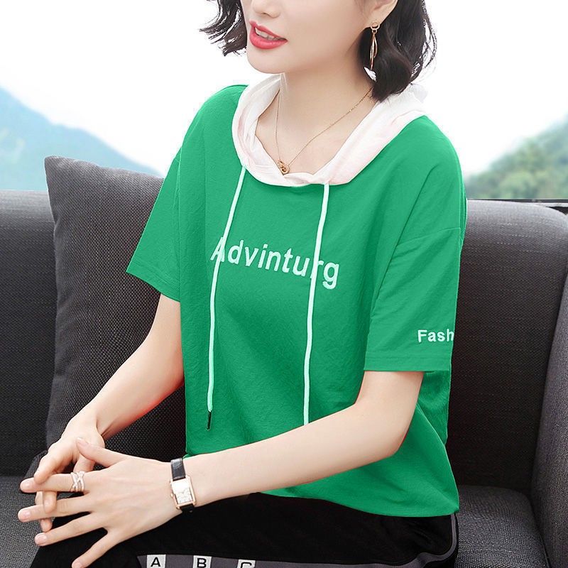 ﹉▣◙[95% cotton] thời trang mùa hè mới có mũ trùm đầu rộng rãi mm áo thun ngắn tay thêu chữ cỡ lớn đàn bà