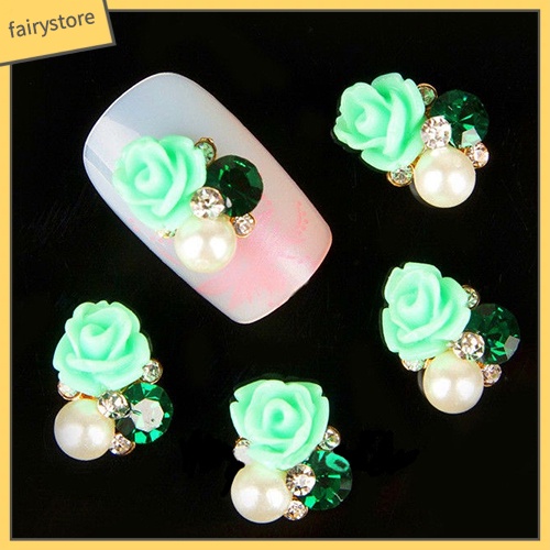 FS_10 Pcs 3D Rose Flower Nail Art Stickers Tips Studs Rhinestone Nail Decor Jewelry