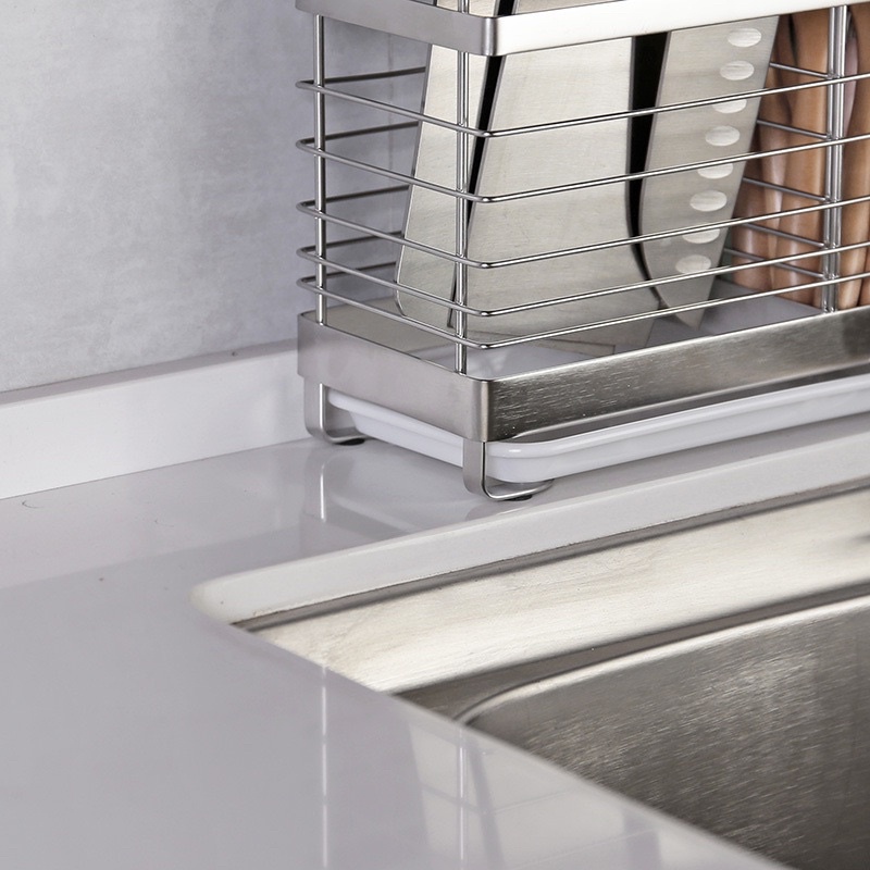 Giá Để Dao , Ống Đựng Đũa INOX SUS304 Phay Xước Cao Cấp Có Khay Nhựa Hứng Nước Màu Trắng 1 OD SHINRAI