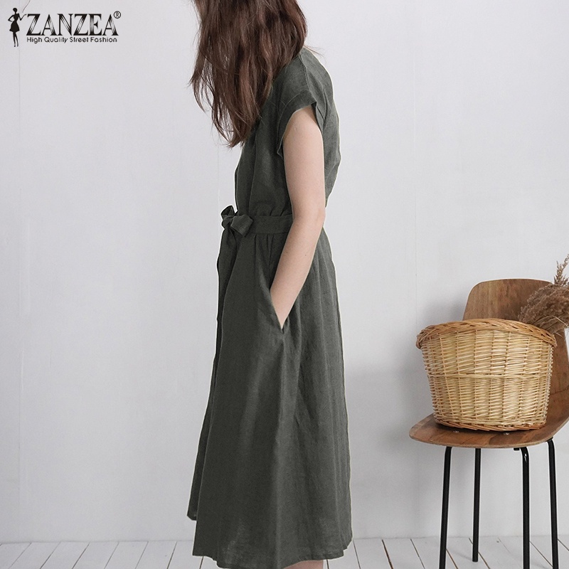 Đầm tay ngắn ZANZEA cổ tròn màu trơn phối thắt lưng thiết kế đơn giản cho nữ
