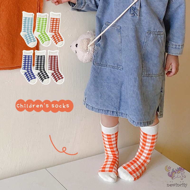 3 Đôi tất bằng cotton Họa tiết kẻ sọc ca rô màu kẹo phong cách hàn quốc size vừa cho bé trai và bé gái