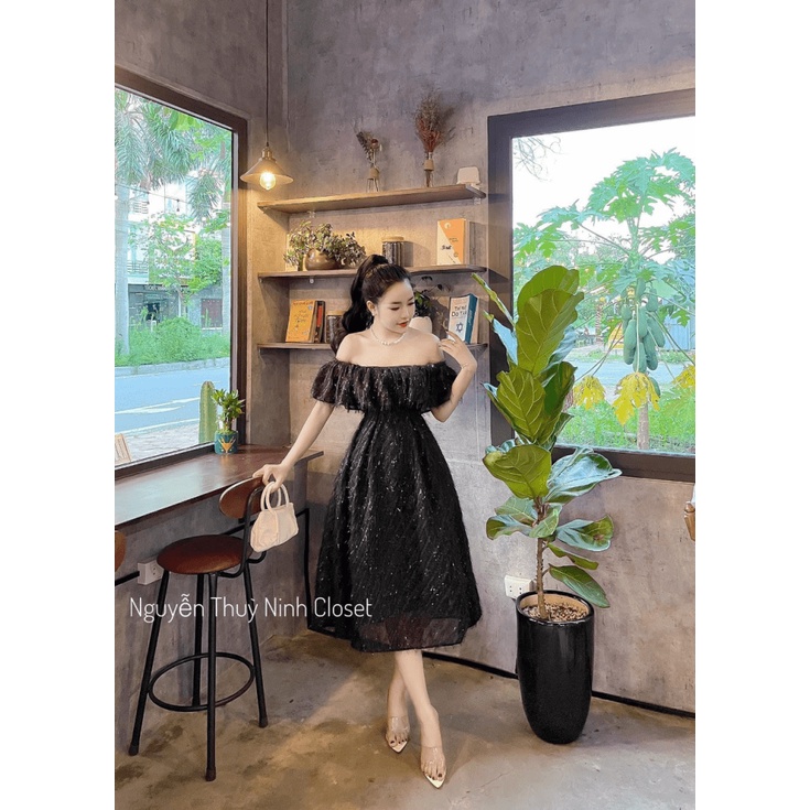 ĐẦM LÔNG VŨ CÓ MÚT TRỄ VAI DÁNG XÒE CỰC SANG CHẢNH LONG TRỌNG UP