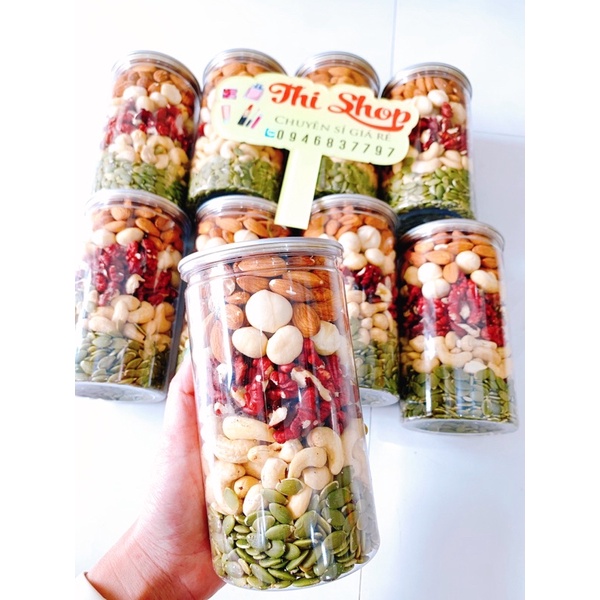 MIX 5 hạt dinh dưỡng hũ 500gr - hạnh nhân- macca- ốc chó đỏ- hạt điều- hạt bí siêu ngon