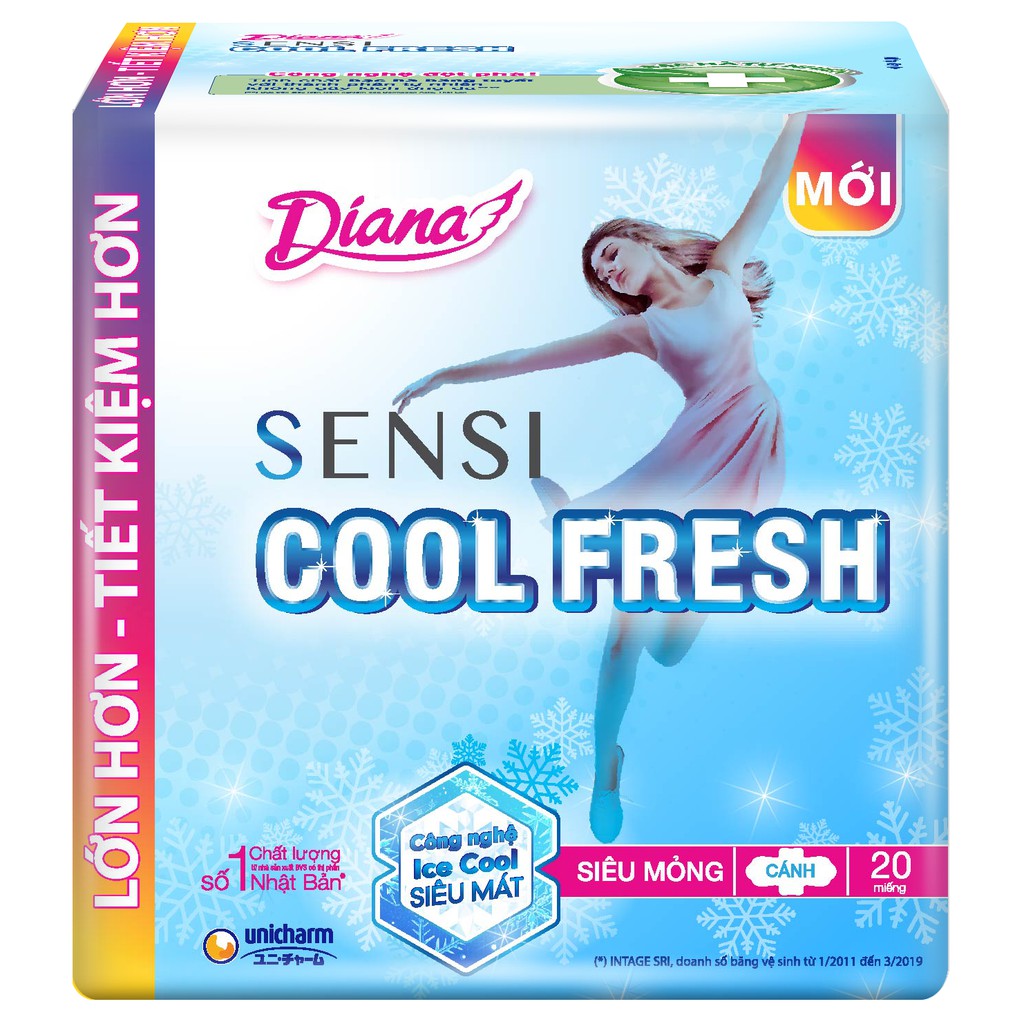 BĂNG VỆ SINH MỎNG CÁNH DIANA COOL FRESH (MÁT LẠNH) GÓI 20 MIẾNG, MỖI MIẾNG DÀI 23CM