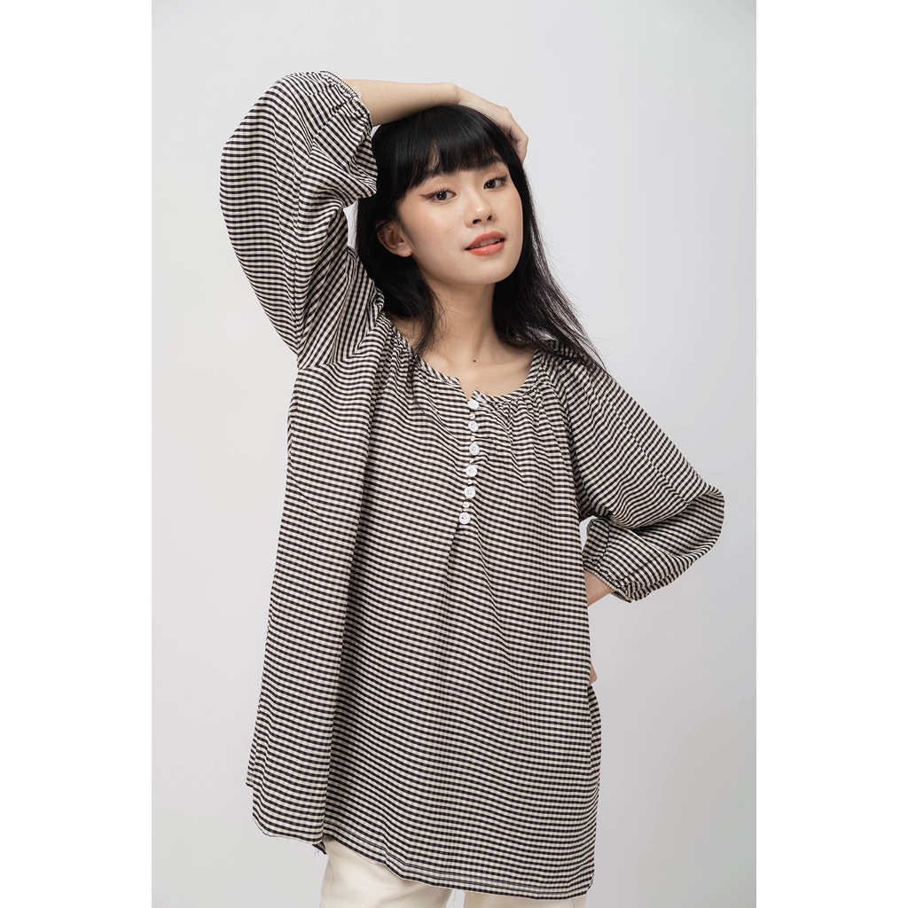 [SALE UP TO 50%] Áo cổ tròn phối nút tay dài caro LENCLOTHING 7453
