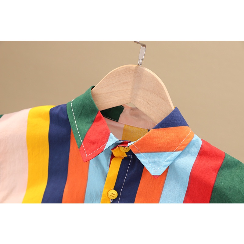 Áo Sơ Mi Tay Dài Kẻ Sọc Cầu Vồng Họa Tiết Hoạt Hình Phong Cách Hàn Quốc Cho Bé Trai