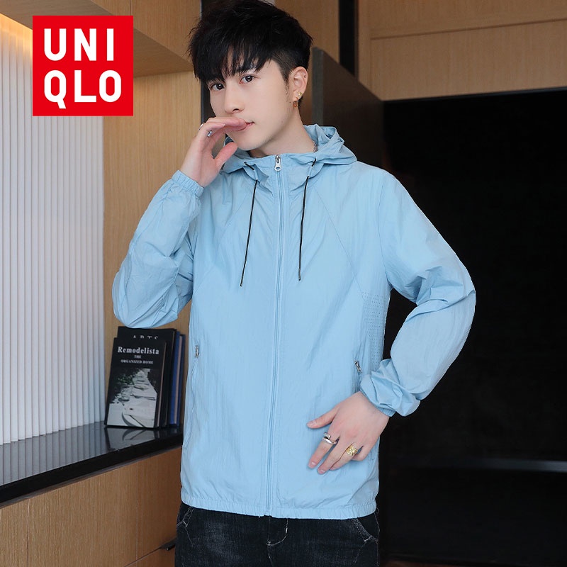 Uniqlo Áo Khoác Khóa Kéo Có Nón Trùm Đầu Màu Sắc Trơn Thoáng Khí Chống Tia UV Dành Cho Nam