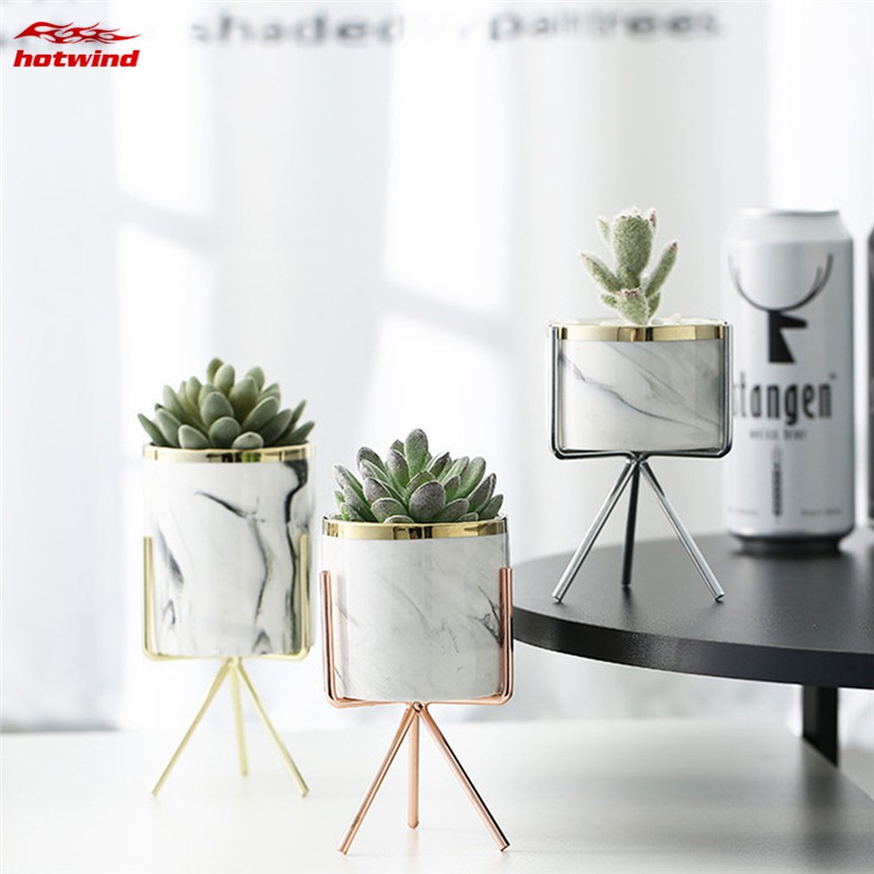 Chậu gốm in vân cẩm thạch trồng cây sen đá kèm giá đỡ kim loại phong cách Bắc Âu trưng bày trang trí nhà cửa