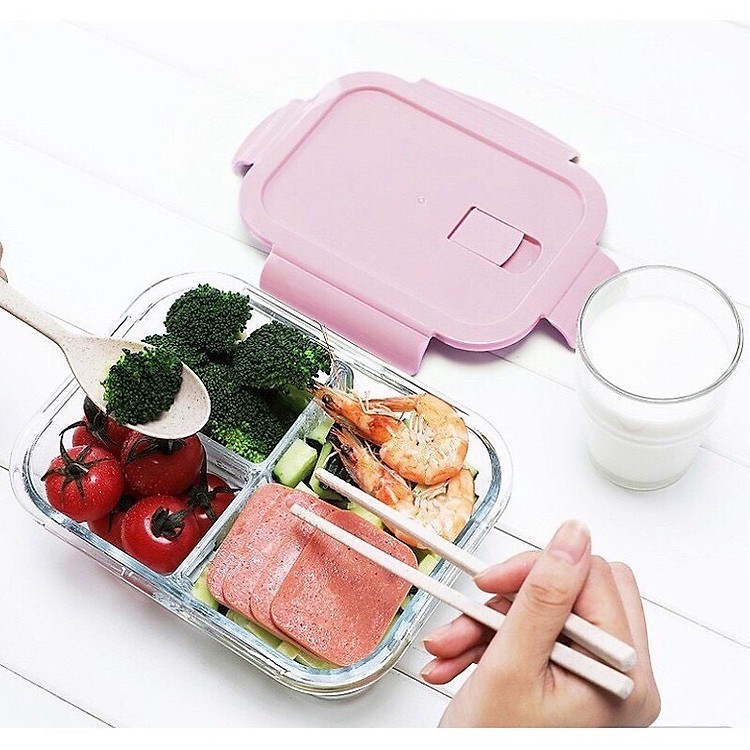 Hộp đựng cơm thủy tinh Freeship hộp thuỷ tinh 3 ngăn dung tích 1000ml sử dụng được lò vi sóng