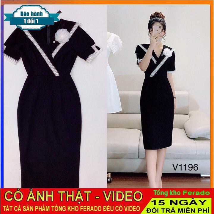 [ xả kho ] MiD Váy đen đính hoa cổ sang trọng viền cổ ren V1196 Mie Design kèm ảnh thật