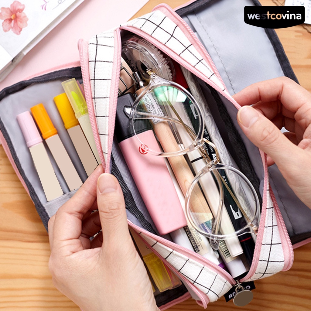 [Hot]✍Túi Đựng Bút/Đồ Trang Điểm Bằng Vải Bạt Nhiều Ngăn Sức Chứa Lớn Tiện Lợi