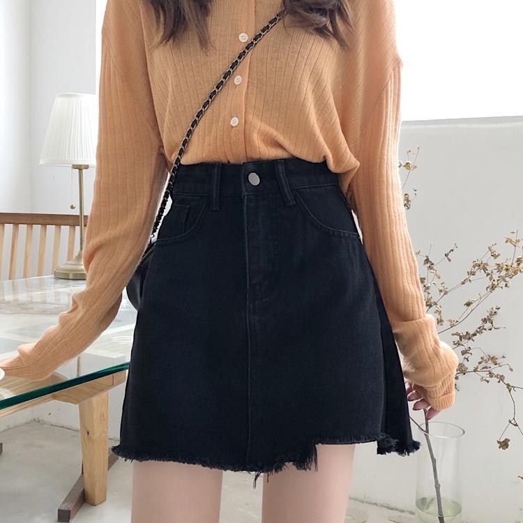 Chân váy denim lưng cao màu trơn hợp thời trang cho nữ