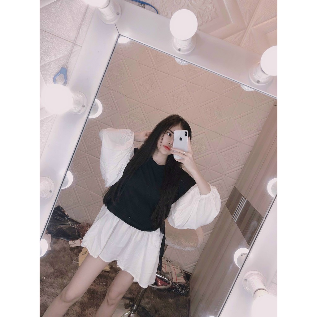 áo kiểu xinh xắn tay phồng phối đen trẵng xinh, đi học đi chơi dễ thương