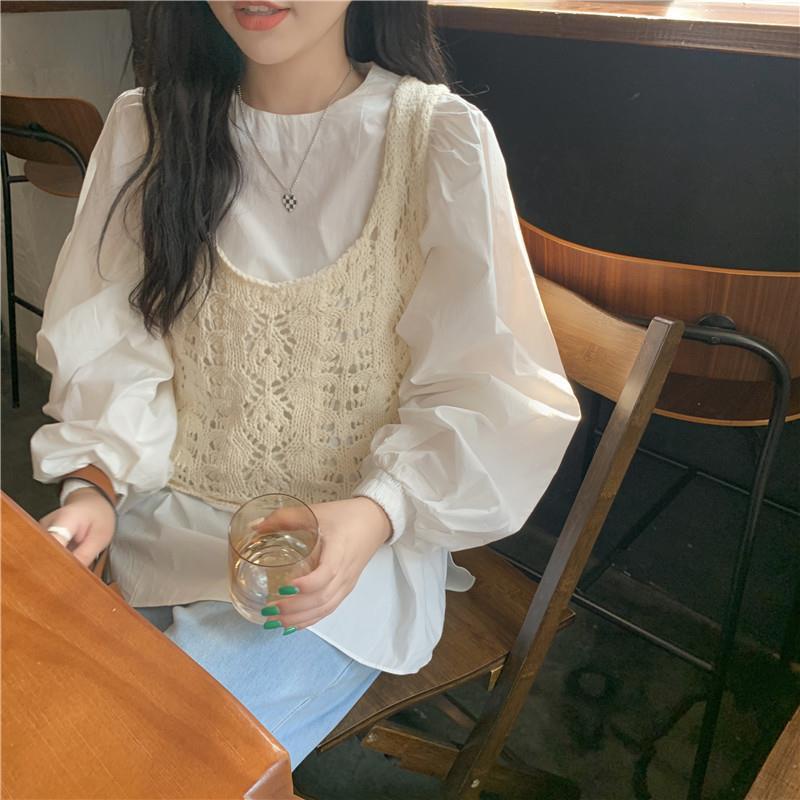 One Set Áo Sơ Mi Tay Phồng Kèm Áo Len Không Tay Thời Trang Cho Nữ