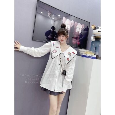 Áo sơ mi cổ sen vát thêu hình đáng yêu