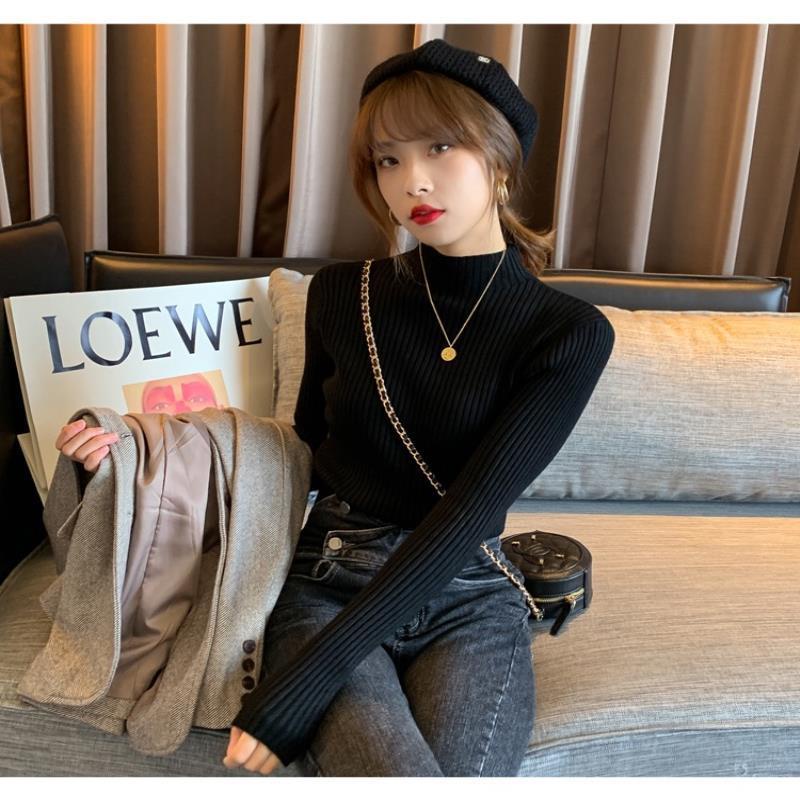 Áo Sweater Cổ Lọ Dáng Ôm Họa Tiết Kẻ Sọc Phong Cách Hàn Quốc Thời Trang Thu Đông Cho Nữ