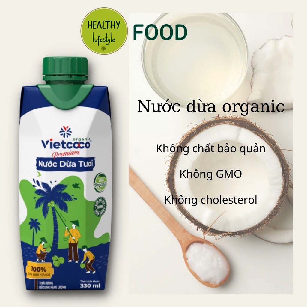 Sữa dừa hữu cơ hộp 330ml/ nước cốt dừa hữu cơ lon 400ml/ nước dừa hộp 330ml/ snack dừa khô sấy giòn gói 45g Vietcoco