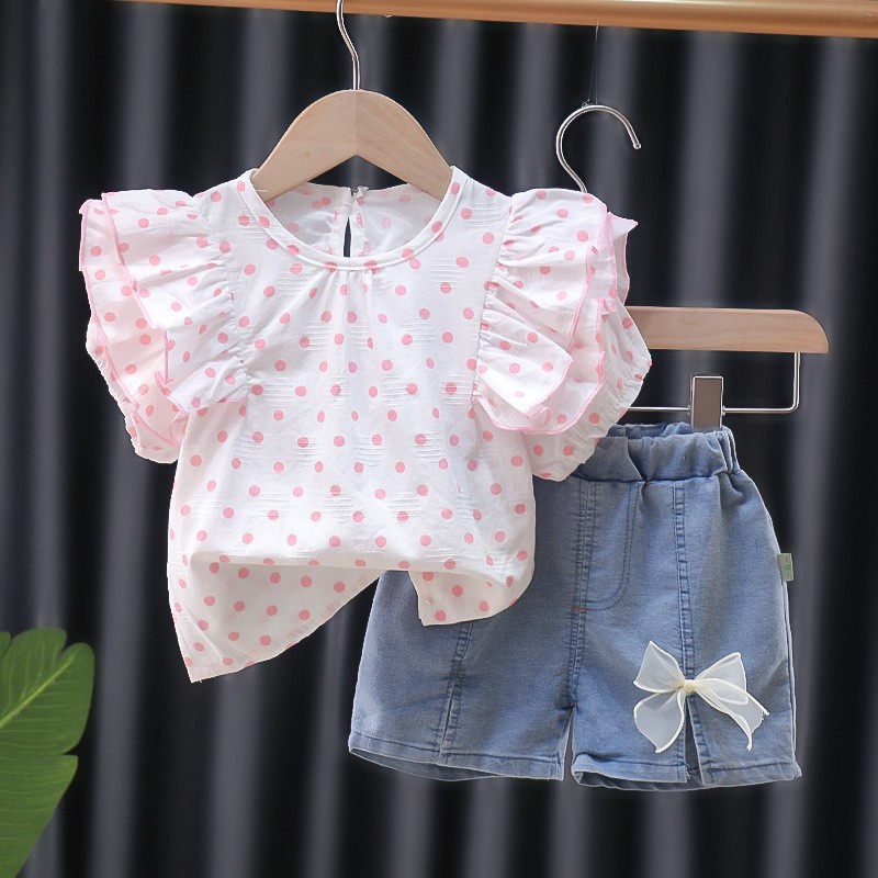 Set Đồ Mùa Hè 2 Món Gồm Áo Thun Cotton Cổ Tròn In Hình Thỏ + Quần Short Denim Cho Bé Gái