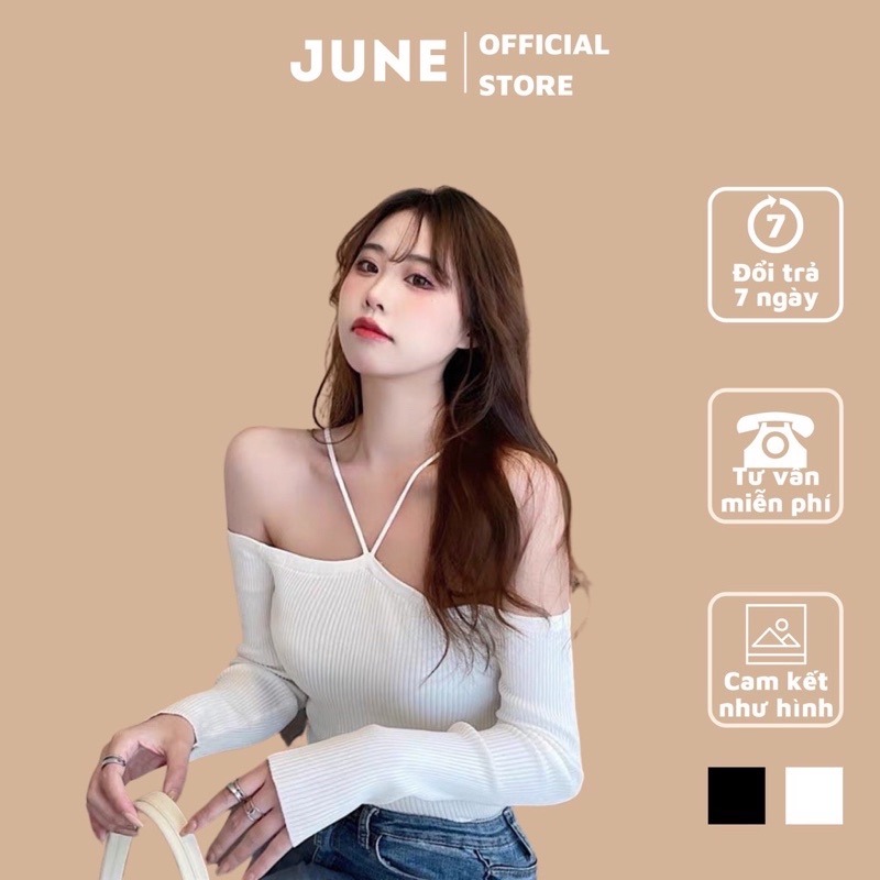 Áo len tăm nữ trễ vai buộc dây cổ JUNE dài tay chất len tăm mịn kèm dây giả yếm xinh xắn