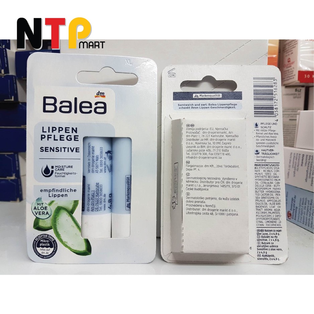 Son dưỡng môi Balea Lippenpflege Sensitive dưỡng ẩm hương lô hội cho môi nhạy cảm nhập khẩu Đức