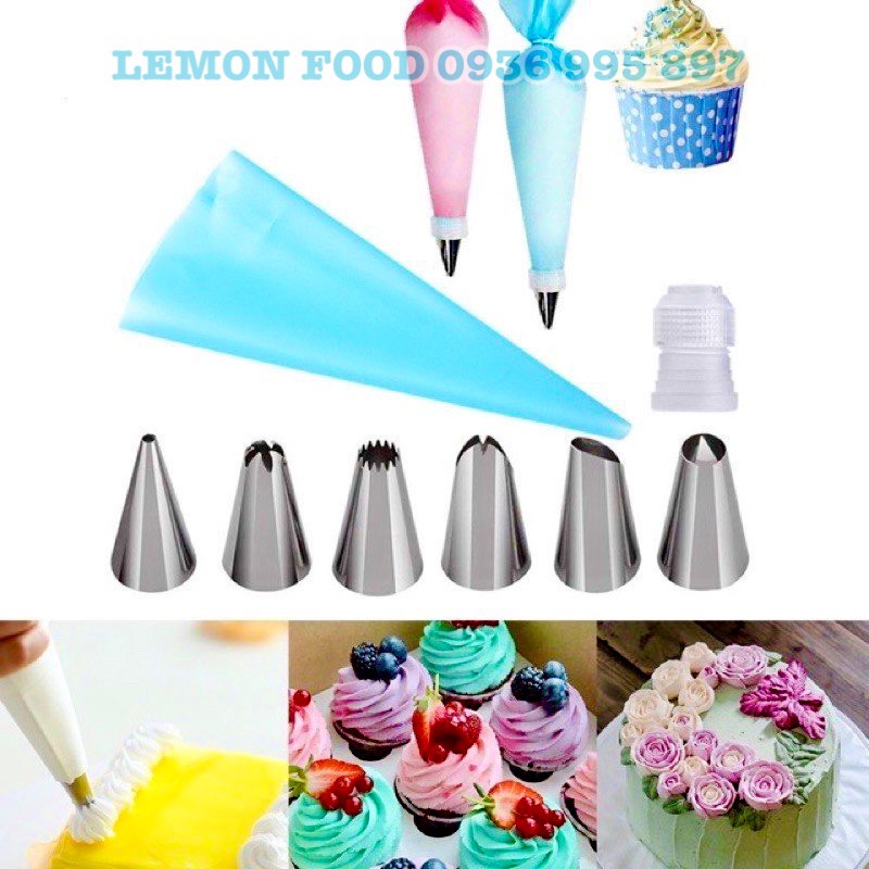 Bộ 6 đui bắt bông kem trang trí bánh kèm đầu nối và túi đựng kem silicone