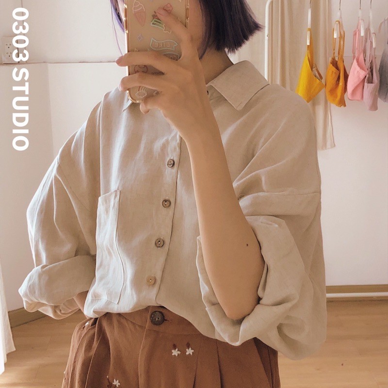 Áo sơ mi linen form rộng ray dài - phiên bản truyền thống - Mộc Lan- 0303 studio ✿
