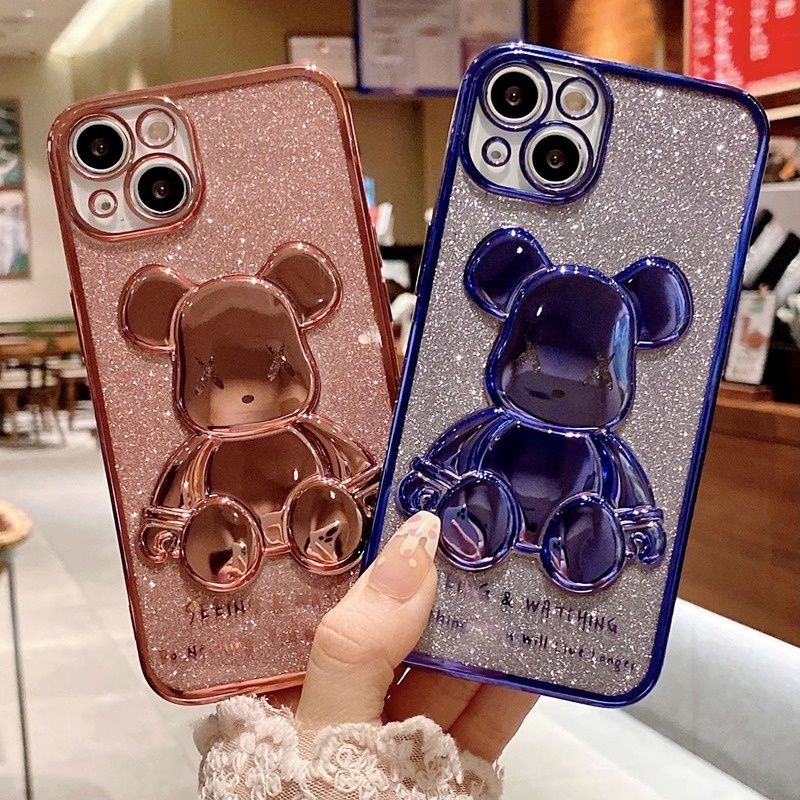 Ốp Điện Thoại Silicon Mạ Viền Họa Tiết Gấu Lấp Lánh Sang Trọng Cho iPhone 13 12 11 Pro Xs Max X Xr 8 7 Plus SE 2020