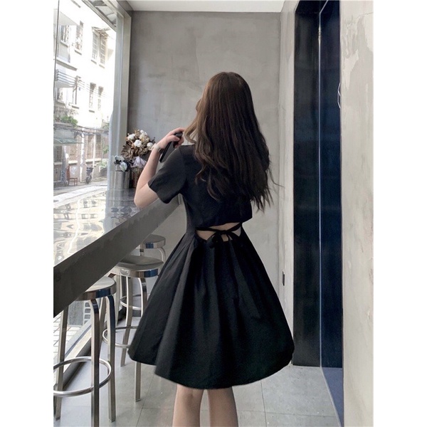 Váy đầm nữ cộc tay cổ bẻ sơ mi logo thắt nơ lưng màu đen freesize dáng a ngắn xòe học sinh ulzzang hàn quốc