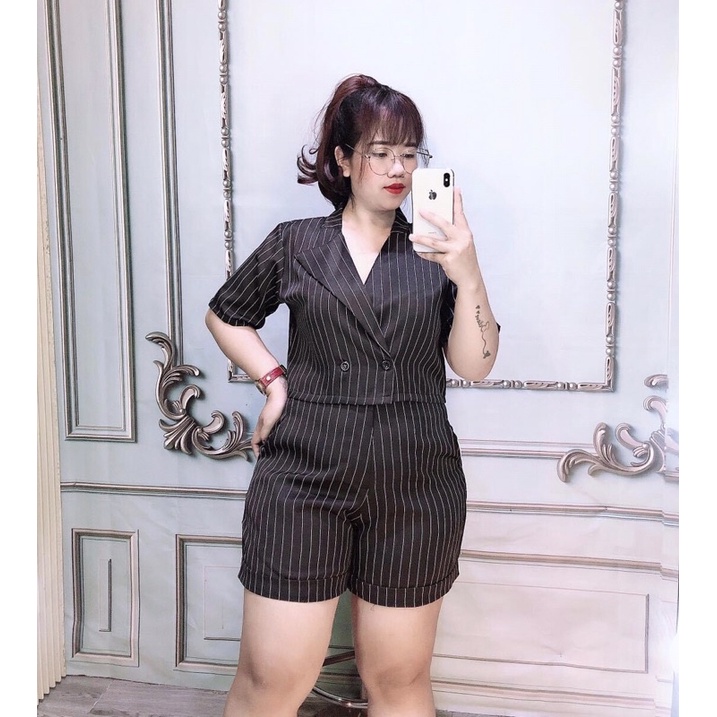 [ Shop bigsize nữ ] Set áo vest croptop phối quần short/đùi chất vải kate sọc #setvestbigsize 60-90kg đen/trắng