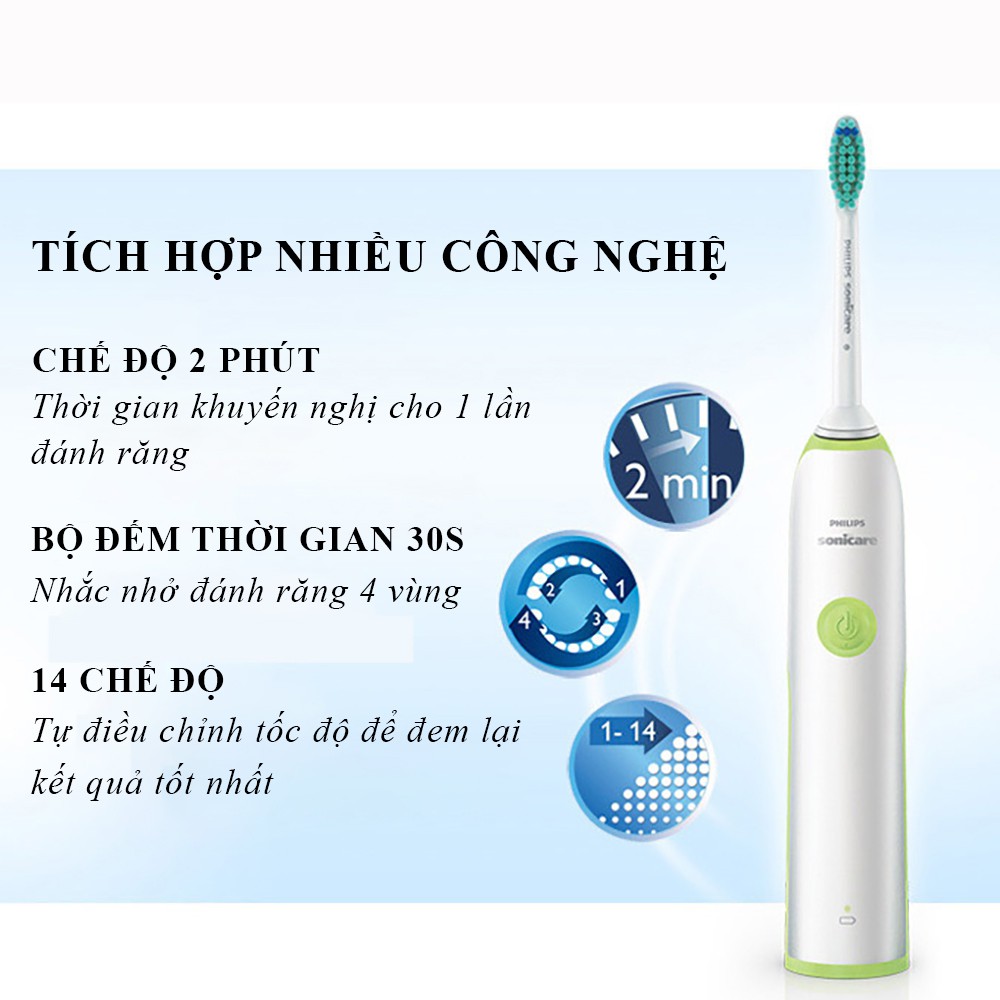 Bàn chải đánh răng điện tự động Philips tích hợp công nghệ sóng siêu âm 14 xung nhịp, 6 chế độ làm sach. Bảo hành 2 năm