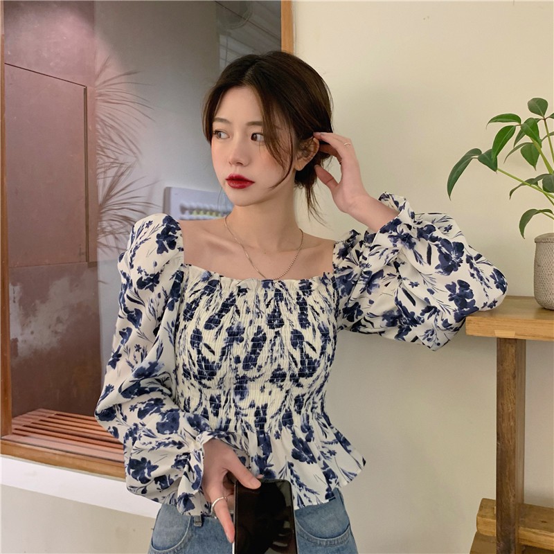 Áo Kiểu Cổ Vuông Tay Phồng Họa Tiết Hoa Thanh Lịch Thời Trang Cho Nữ