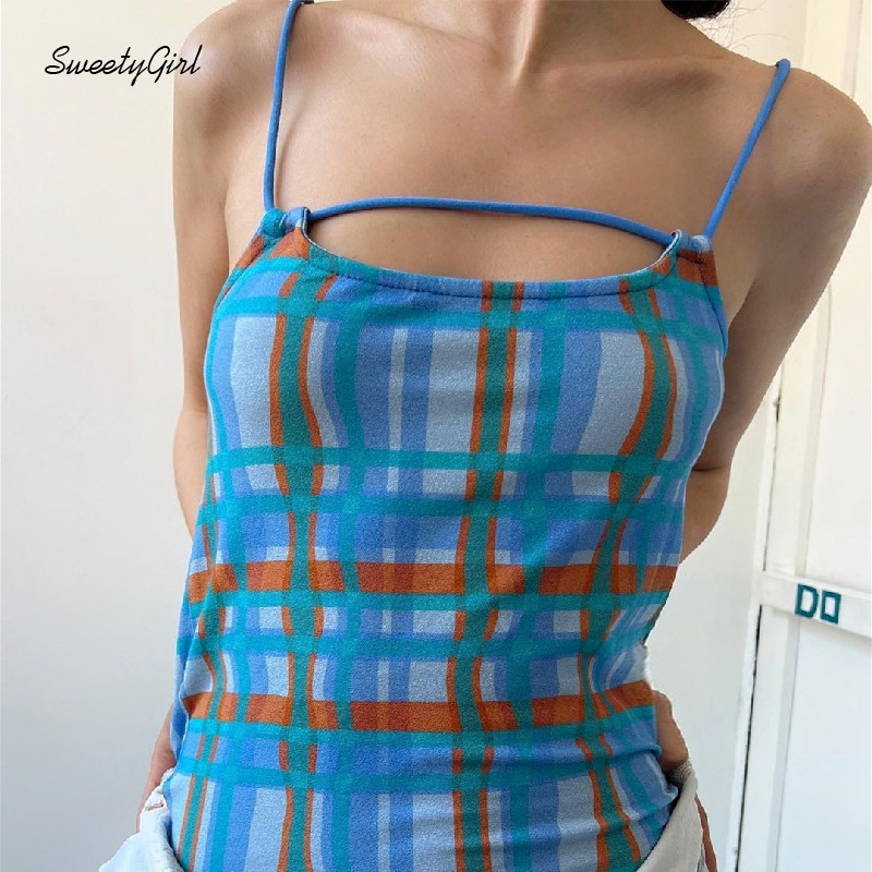 Áo Hai Dây Họa Tiết Sọc Caro 2022 Ôm Dáng Quyến Rũ Cho Nữ