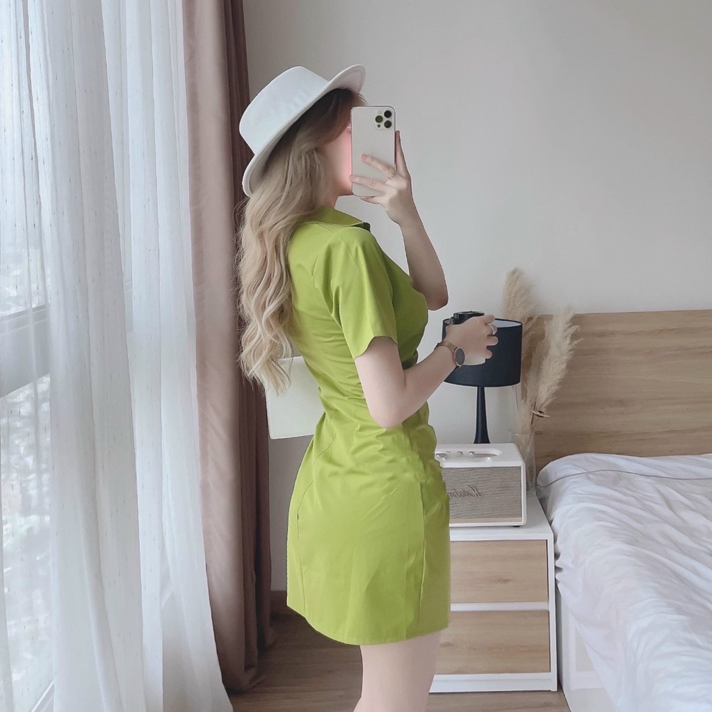 Váy đầm ôm body cổ sơ mi nhún cài nút thật có 2 màu như hình ( xanh ,trắng ) phong cách hàn quốc thời trang hè cho nữ