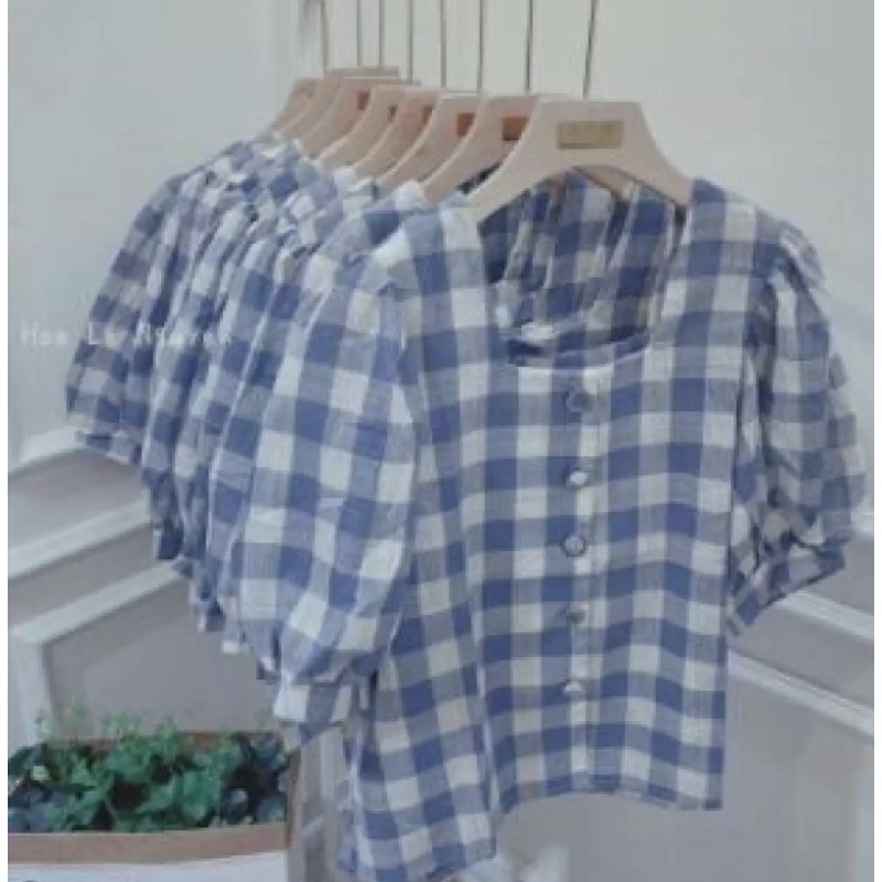 Áo sơ mi nữ Linzstore - Sơ mi kẻ cổ vuông tay phồng siêu đẹp, siêu mát size to XL 65kg