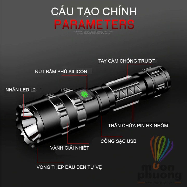 [FRSHIP 20K] Đèn pin siêu sáng mini kèm pin sạc USB chống nước LED L2 dã ngoại - MUÔN PHƯƠNG SHOP