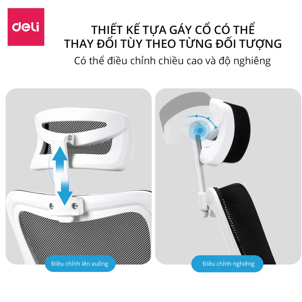 Ghế xoay văn phòng lưng ngả tới 35°C tay ghế xoay 90°C - Ghế xoay tựa cổ chống gù - Ghế xoay Deli cao cấp
