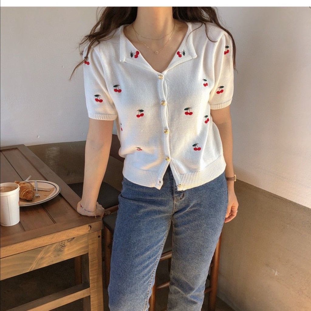Áo Thun Dệt Kim Tay Ngắn Mỏng Họa Tiết Quả Cherry Dễ Thương Dành Cho Nữ  tao bao