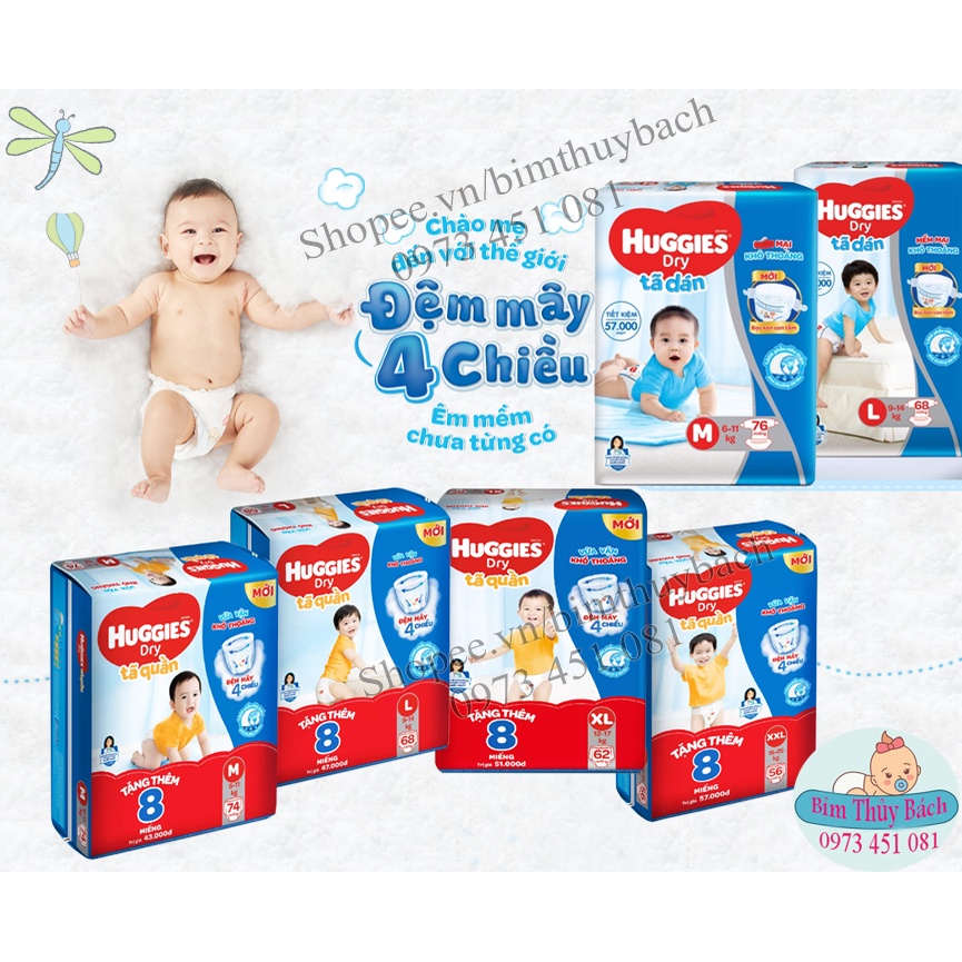 Bỉm Huggies quần/dán đủ size M74/L68/XL62/XXL56(Bao bì mới)