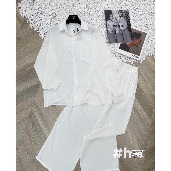 Sẻ 2 món áo sơ mi mix quần ống rộng vải đũi trắng và đen MIX đồ đi chơi cực sang.(áo dài+quần dài)