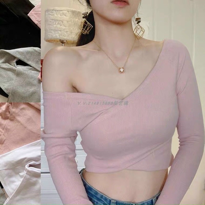 Áo Croptop Tay Dài Đắp Chéo Trễ Vai Ôm, thun borip xịn ạ ☺️☺️☺️Ng