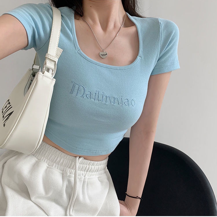 COZOK Áo Thun Lửng Tay Ngắn Cổ Vuông Màu Trơn Thêu Chữ Quyến Rũ Thời Trang Mùa Hè Cho Nữ