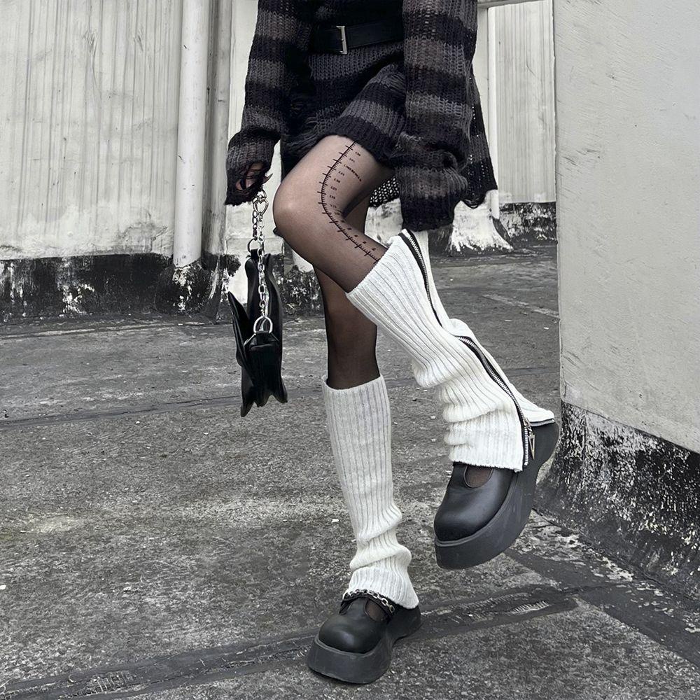 Daron Vớ Có Khóa Kéo Màu Trơn Cá Tính Phong Cách Harajuku Punk Hàn Quốc