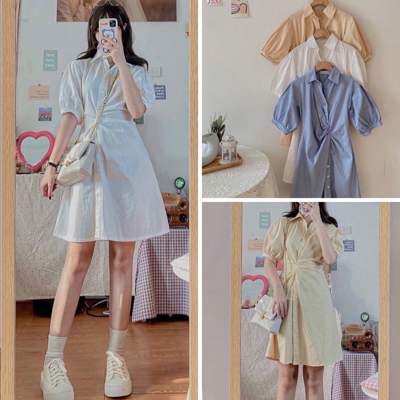 (ảnh thật kèm video) ĐẦM VÁY XOĂN EO CỔ SƠ MI