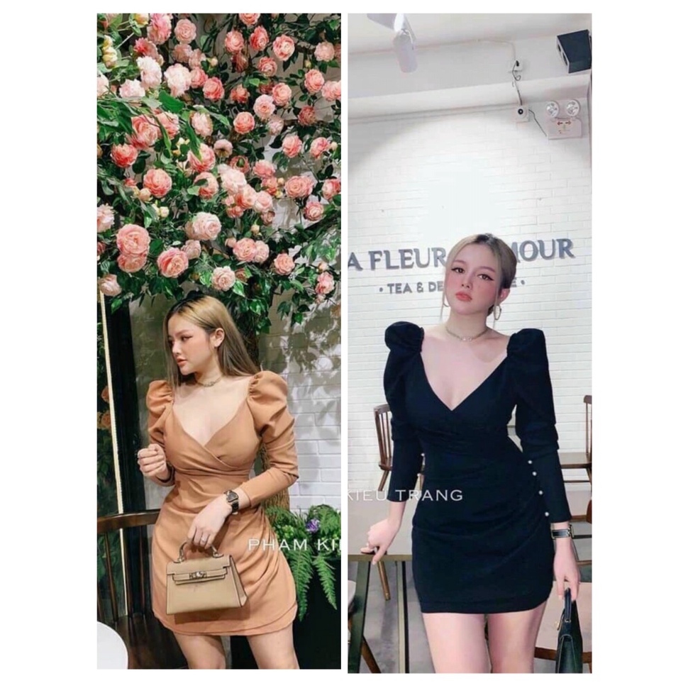 Đầm váy nữ body tay dài phồng cổ chữ v dáng ôm thời trang nữ