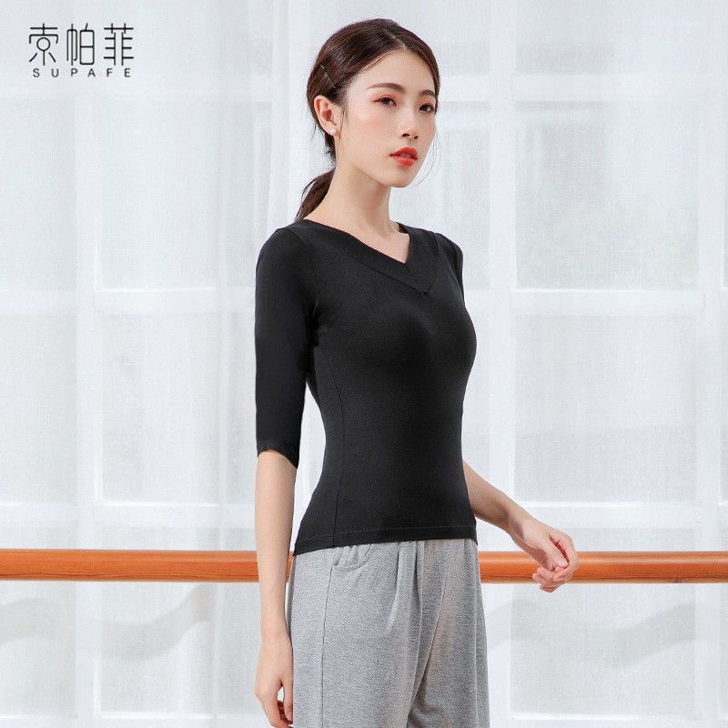 Áo Thun Tay Dài Cổ Chữ V Màu Đen Dùng Tập Nhảy Latin Cổ Điển Cho Nữ