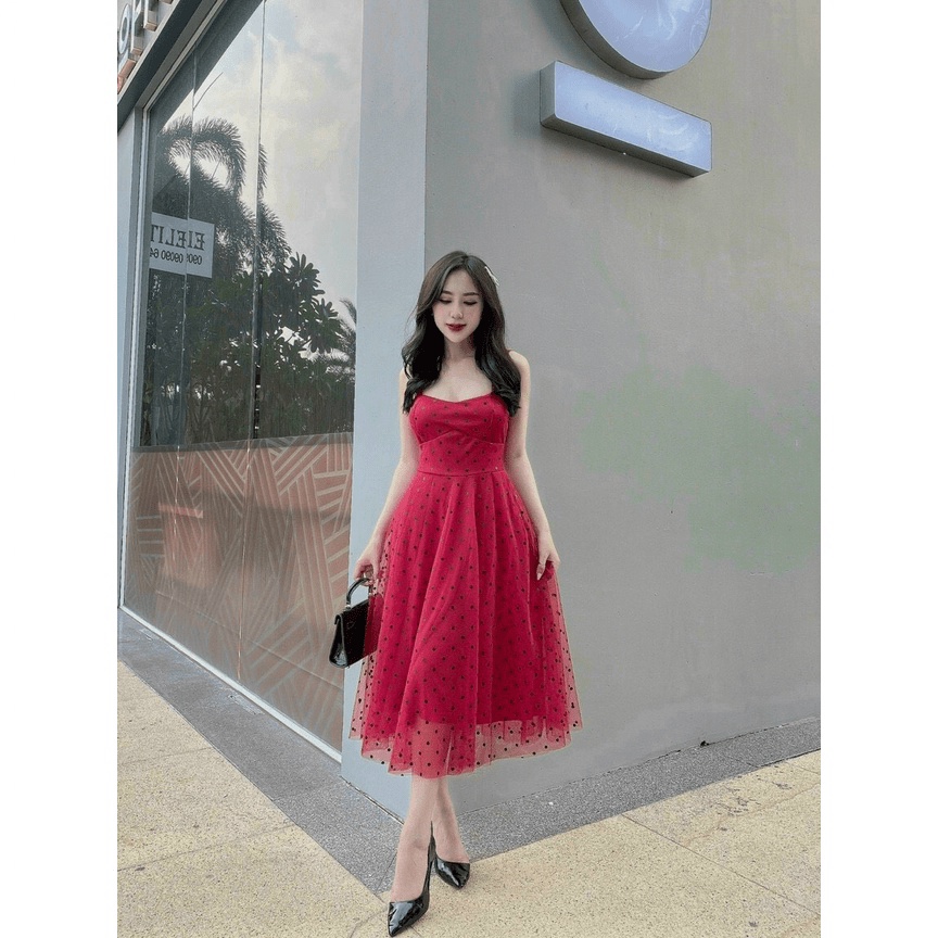 Đâm tiểu thư nữ, đầm hai dây cúp ngực chấm bi phối lưới ôm eo dáng dài có mút đi tiệc sang trọng dx