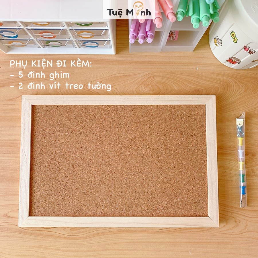 Bảng ghim gỗ bần K18 decor treo ảnh, postcard - Tặng kèm ghim + dây gai + sticker