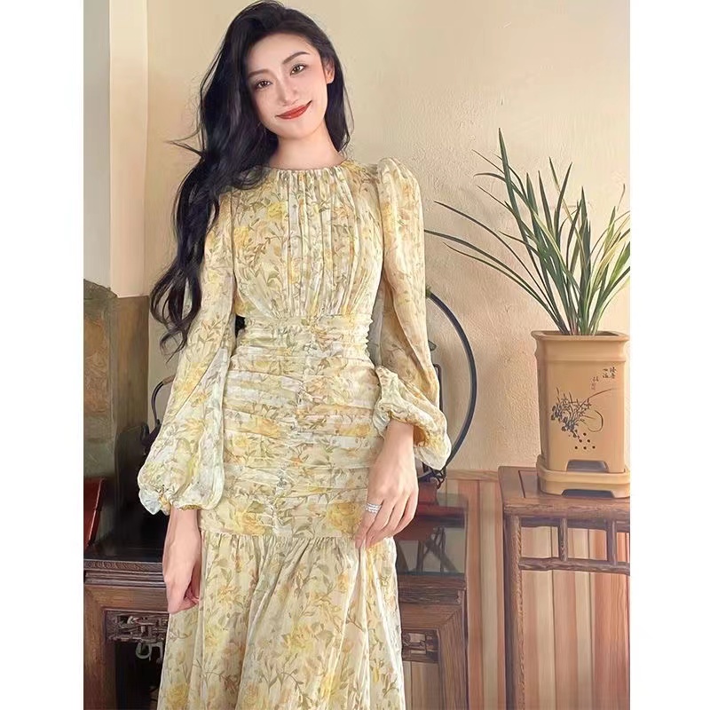 Đầm Maxi Tay Dài Dáng Ôm In Họa Tiết Hoa Phong Cách Hàn Quốc Thời Trang Cho Nữ Mới