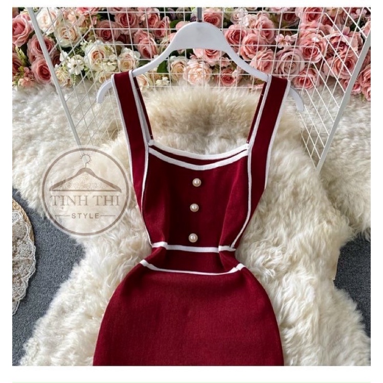 Đầm dây bản to viền phối trắng, đầm body sát nách